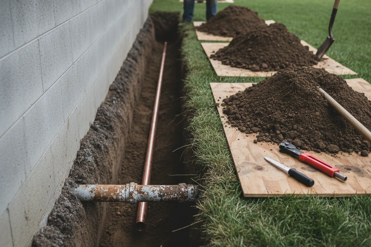 Excavated water line trench during Sewer Line Repair in Waterford